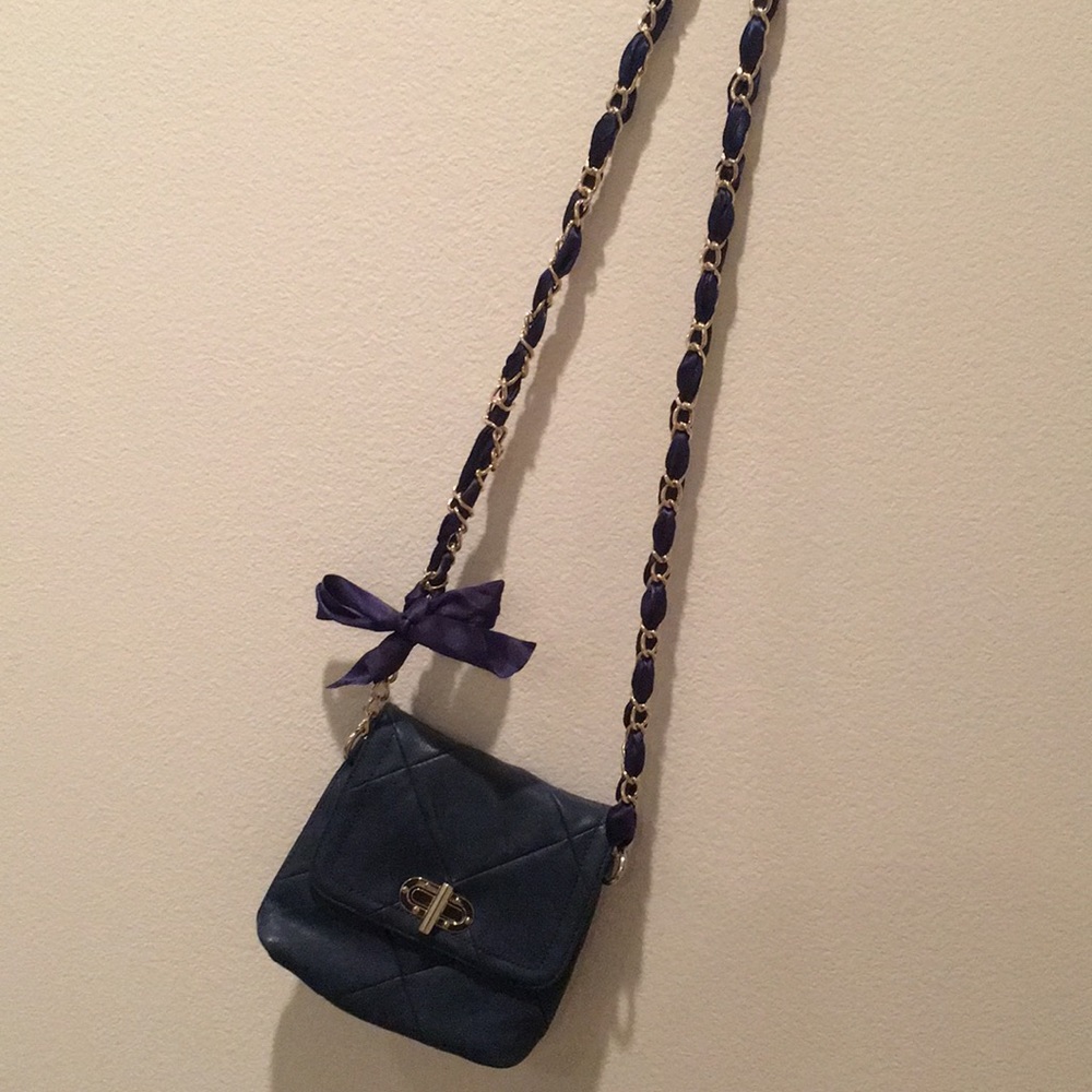 Navy Vegan Leather Crossbody Ribbon Chain Purse